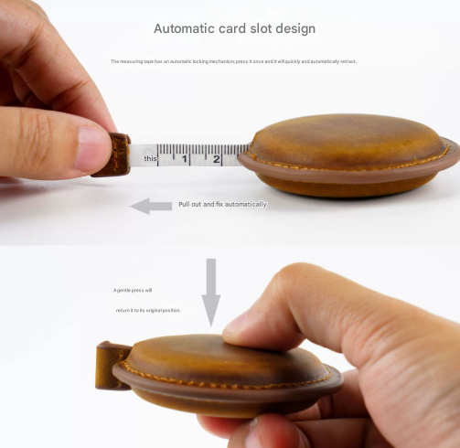 Black Handmade Crazy Horse Leather Retractable Tape Measure Keychain Dual view 3