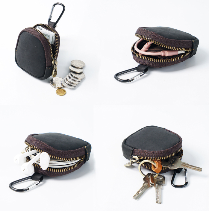 Black Genuine Crazy Horse Leather Mini Coin Purse Zipper Shell Pouch Small view 3