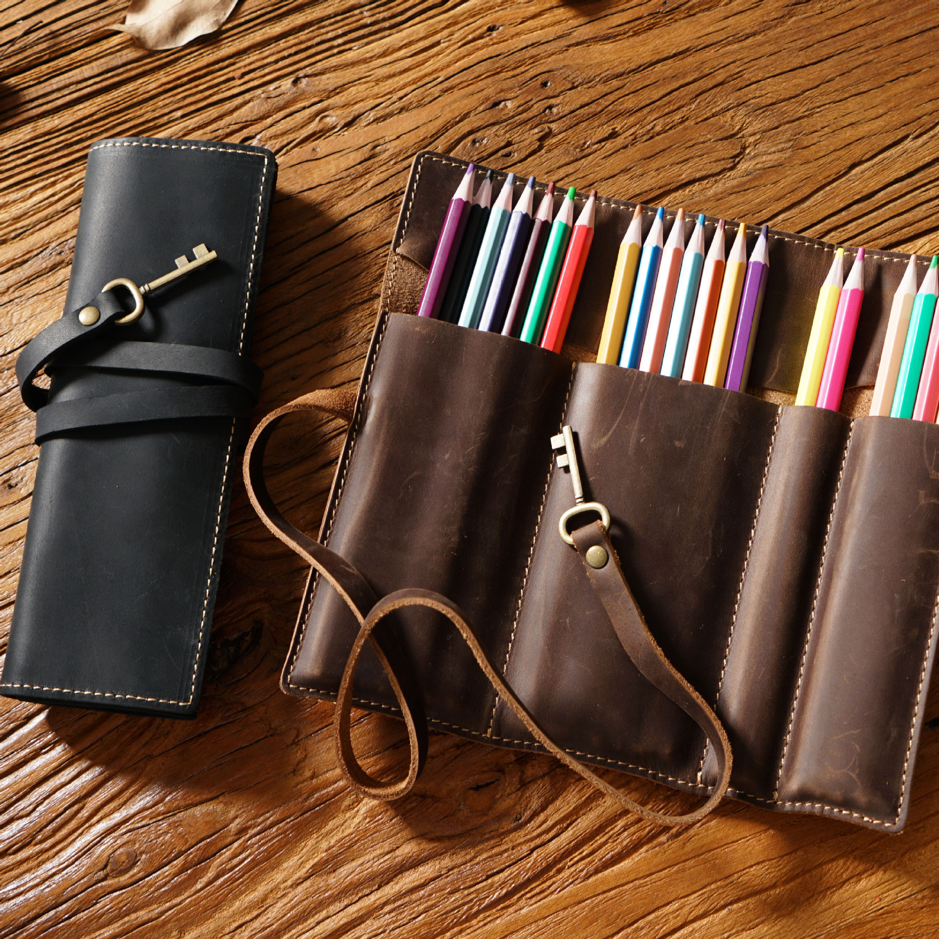 Coffee Genuine Crazy Horse Leather Pencil Roll Case Vintage Pen Wrap view 4