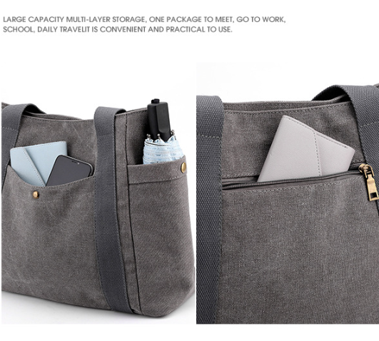 Grey Women's Large Canvas Tote Bag Minimalist Shoulder Handbag High Capacity view 3