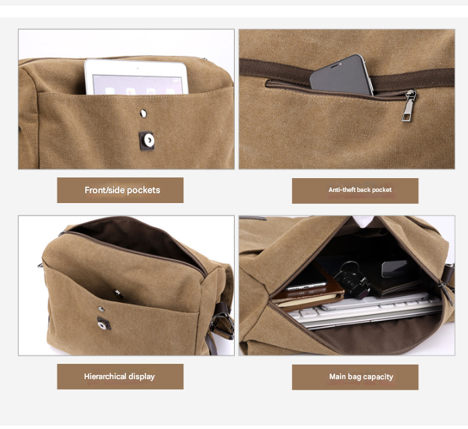 Grey Men's Large Capacity Canvas Messenger Bag Lightweight Multi-Pocket view 4