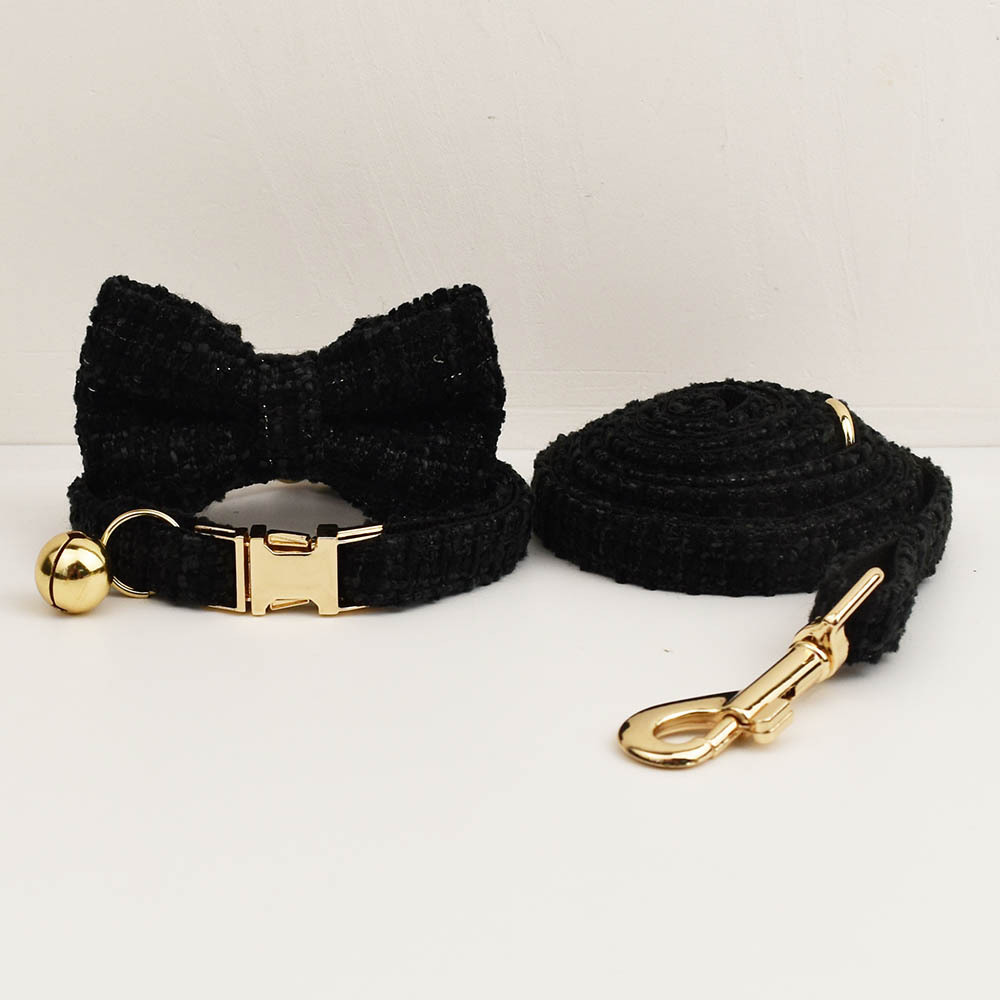 S Black Elegant Tweed Pet Collar and Leash Set - Adjustable Cat and Small Dog — image 1