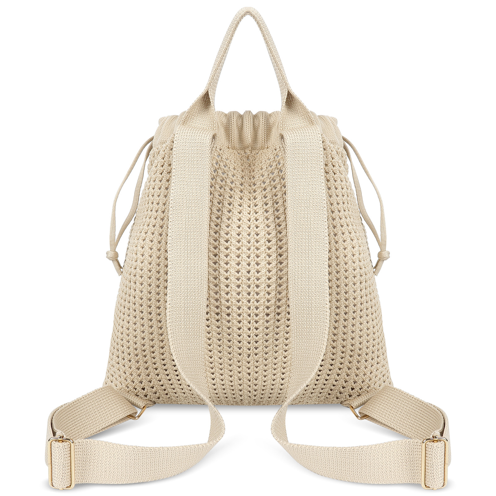 Grey Bohemian Crochet Knit Drawstring Backpack - Hand-Woven Versatile Tote & view 3
