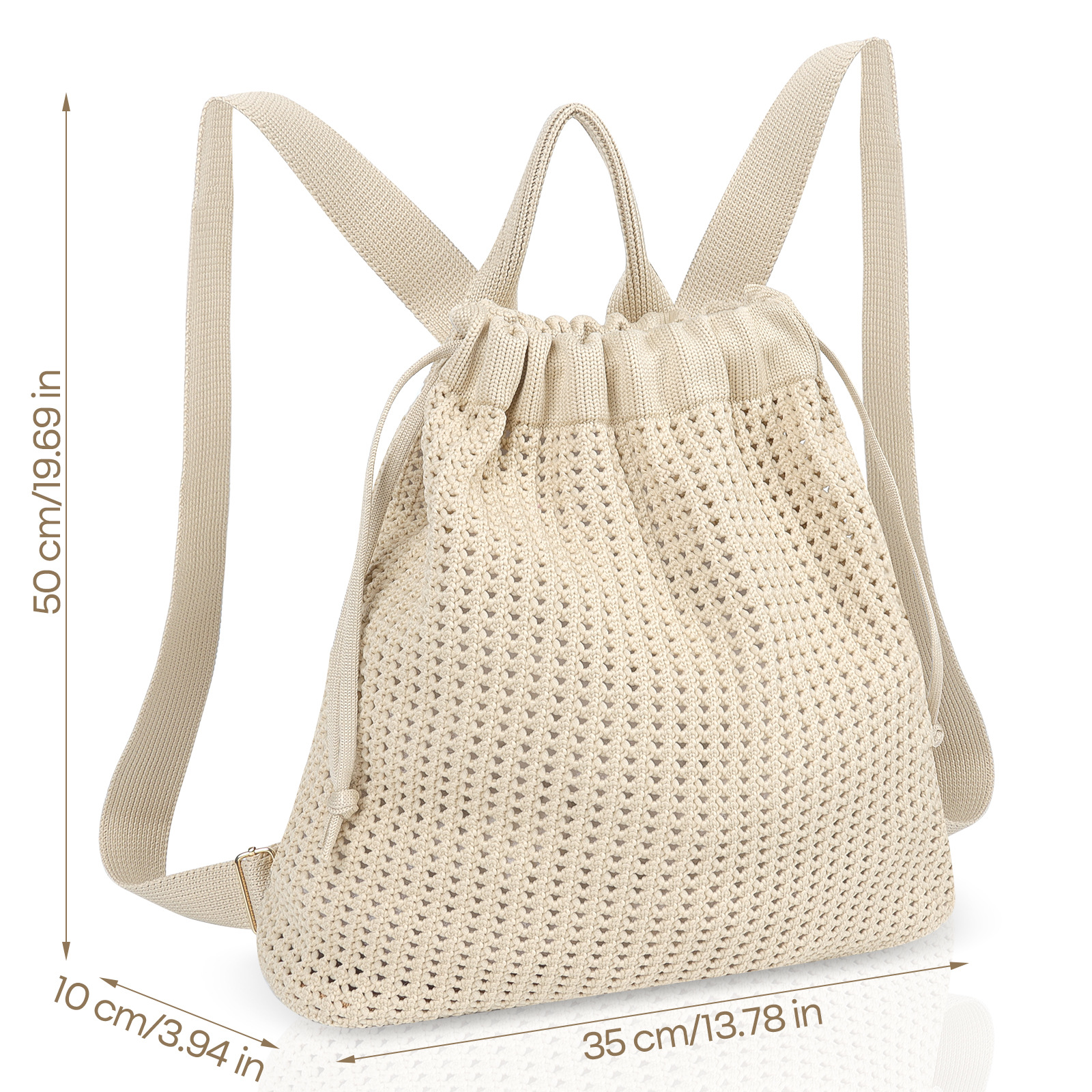 Beige Bohemian Crochet Knit Drawstring Backpack - Hand-Woven Versatile Tote & view 2
