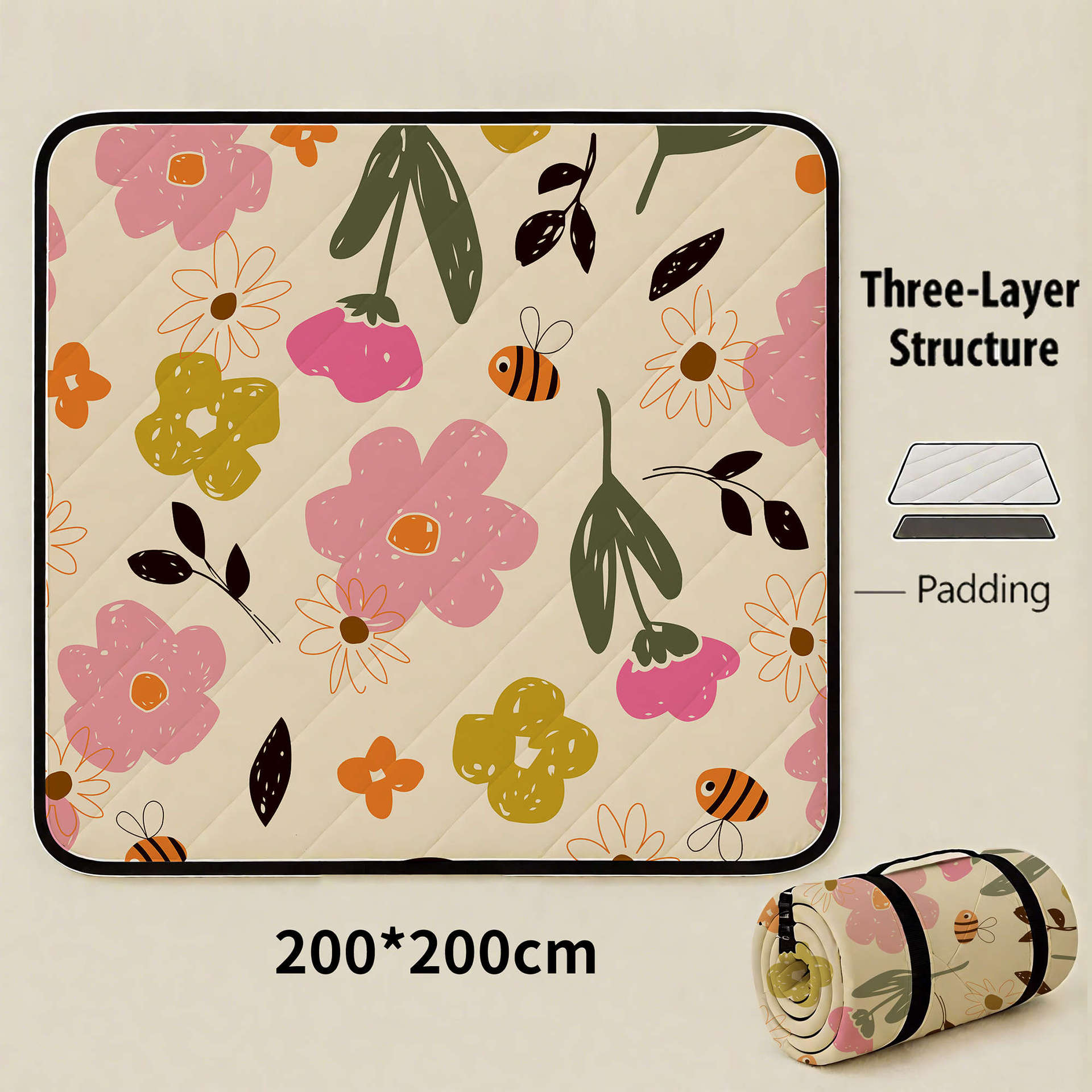 Sea of Bee Flowers Extra Large 200x200cm Waterproof Picnic Mat - Portable — image 1