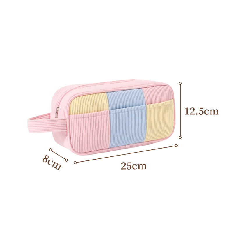 Pink Trendy Color-Block Corduroy Makeup Bag - Large Capacity Travel Cosmetic