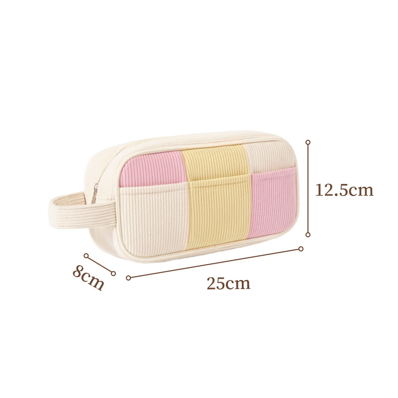Yellow Trendy Color-Block Corduroy Makeup Bag - Large Capacity Travel Cosmetic