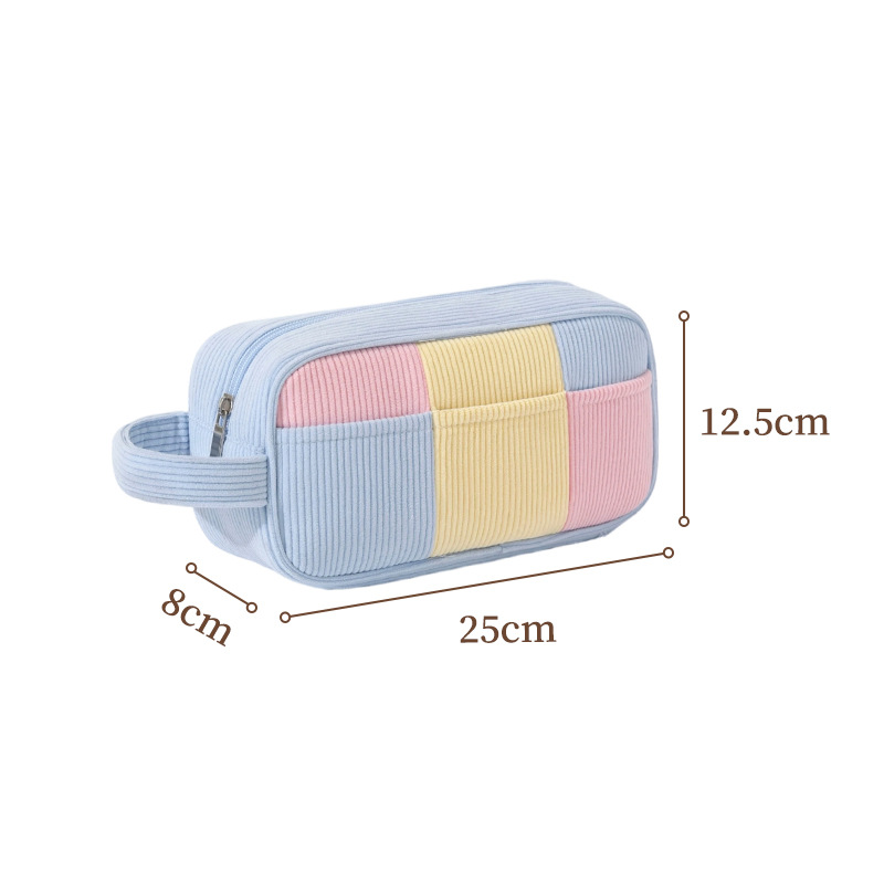 Blue Trendy Color-Block Corduroy Makeup Bag - Large Capacity Travel Cosmetic