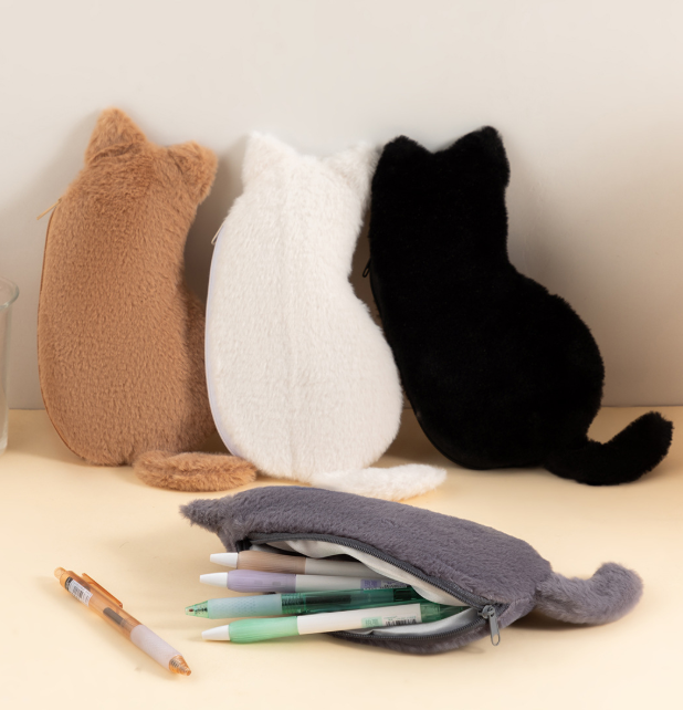 Grey 3-Pack Adorable Plush Cat Pencil Case Set - Large Capacity Kawaii Kitty view 3