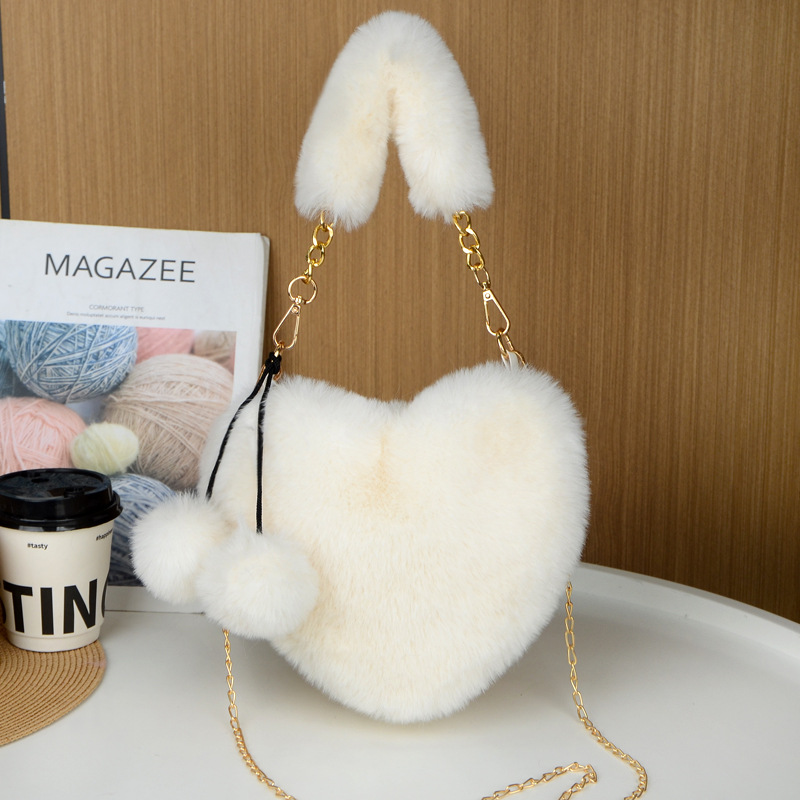 Beige 2PCS Luxury Faux Rabbit Fur Heart-Shaped Handbag — image 1