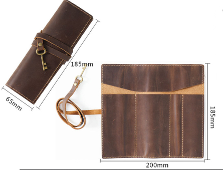 Wine Red Genuine Crazy Horse Leather Pencil Roll Case Vintage Pen Wrap view 2