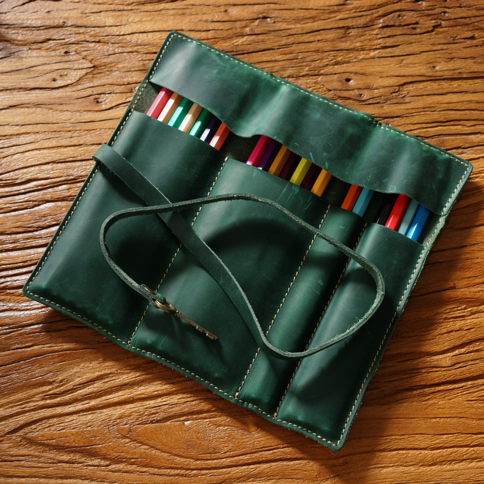 Blue Genuine Crazy Horse Leather Pencil Roll Case Vintage Pen Wrap Stationery view 3