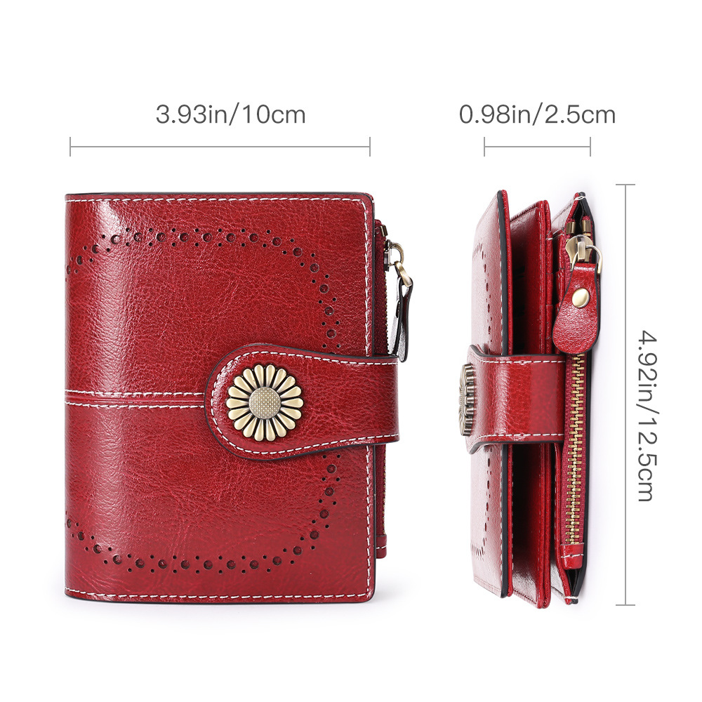 Red Women's Short Leather Wallet - European Style Waxed Leather Coin Purse view 3