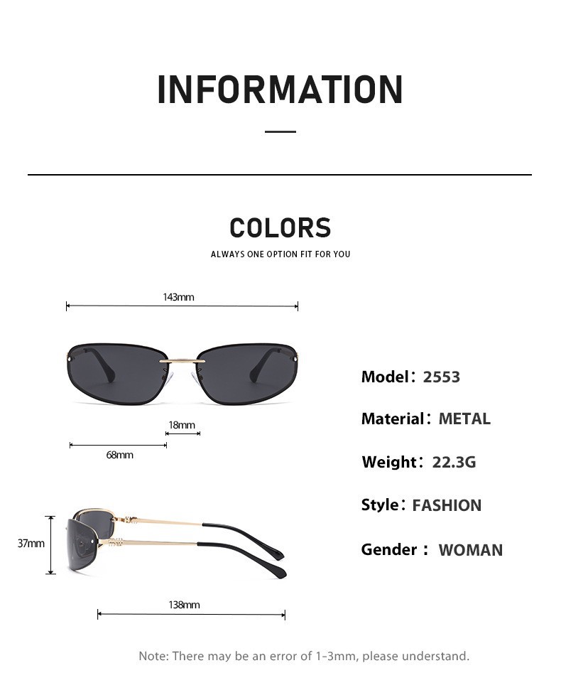 Gold-rimmed Black-and-grey Lenses 2PCS Retro Y2K Rimless Oval Sunglasses for Women view 2