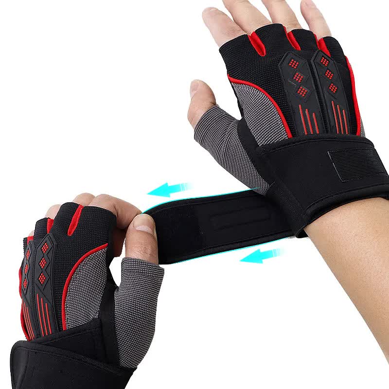 L Red Fingerless Workout Gloves with Wrist Support - Non-Slip view 6