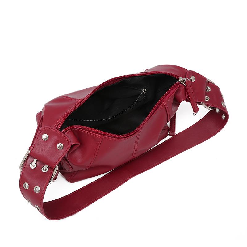 Red PU Leather Zippered Shoulder Bag – Retro European Style Crossbody and view 3