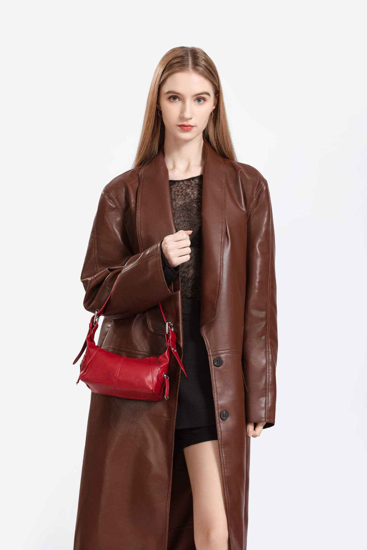 Red PU Leather Zippered Shoulder Bag – Retro European Style Crossbody and view 5