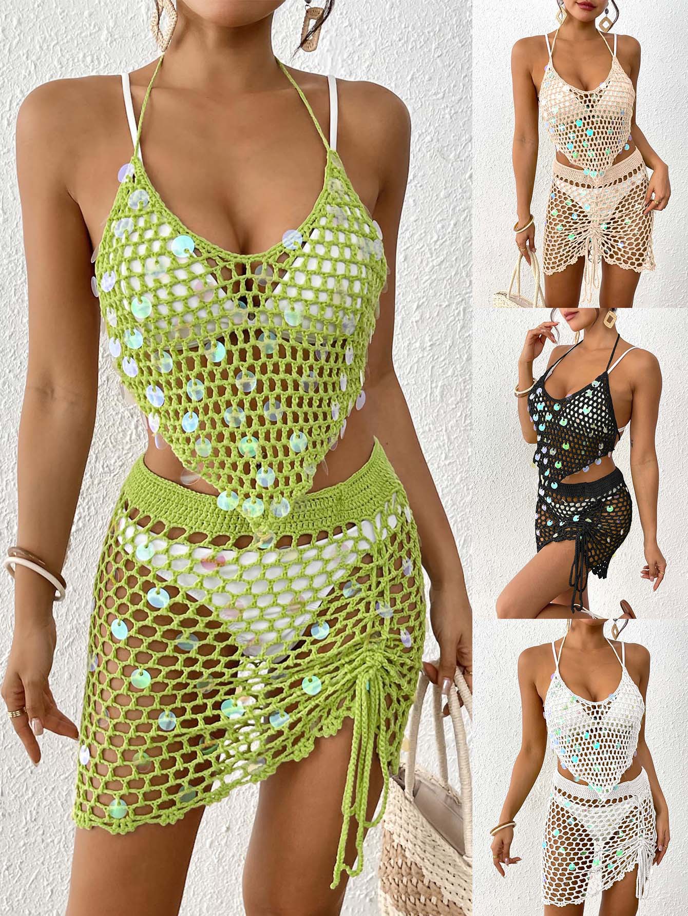 Green Women's Hand-Crocheted Beachwear Set with Sequin Embellishments – Boho view 2