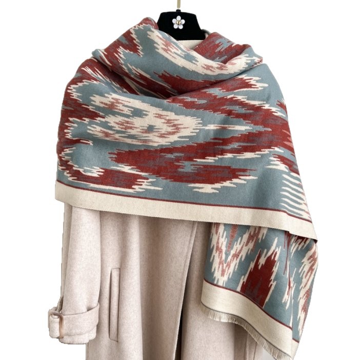 Dark Red New Style Buttoned Shawl – Double-Sided Winter Scarf with Ethnic Pattern view 4