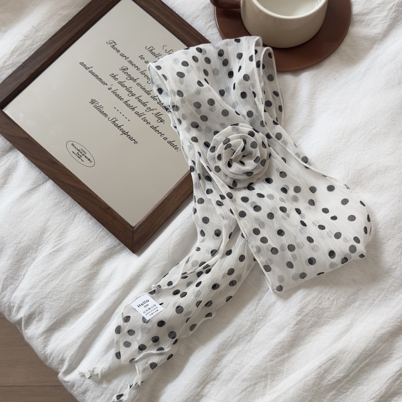 2 Pcs White Dot Pattern Rose Flower Thin Scarf – Elegant and Versatile Neck view 2