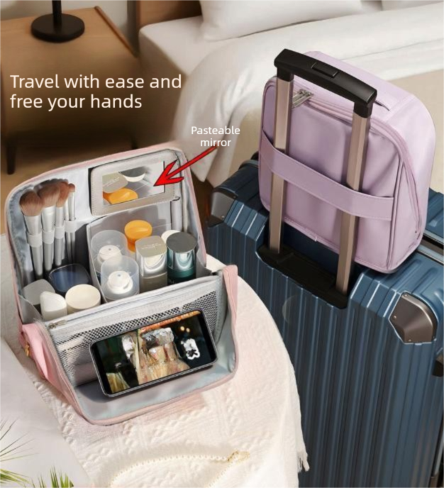 Blue Magnetic Compartmentalized Standing Cosmetic Bag – Large Capacity with Mirror view 2