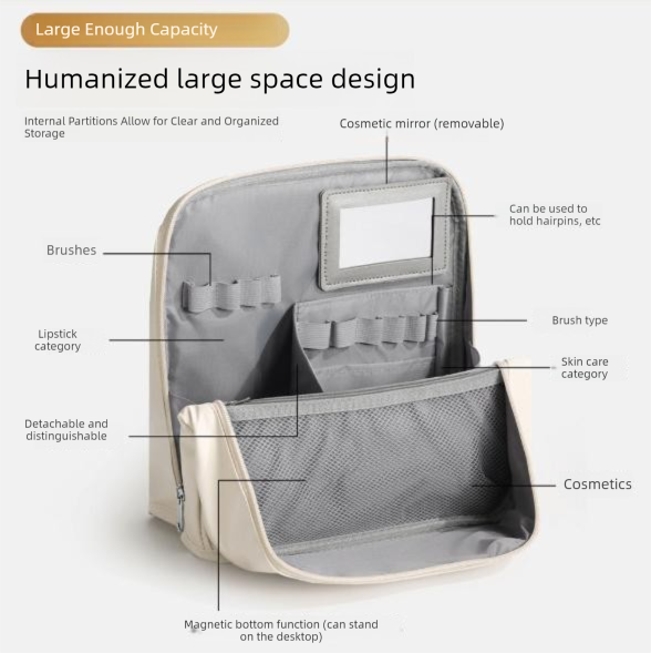 Blue Magnetic Compartmentalized Standing Cosmetic Bag – Large Capacity with Mirror view 3
