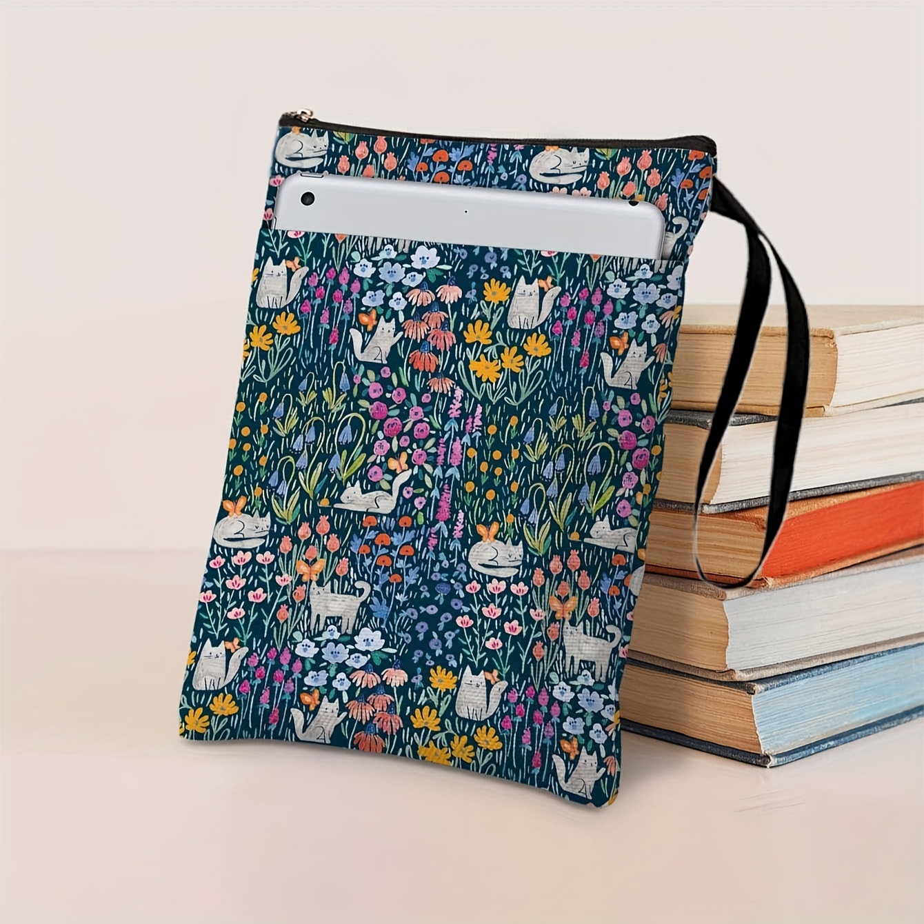 Cat Flowers Zippered Book Sleeve with Printed Design – Waterproof Protective — image 1