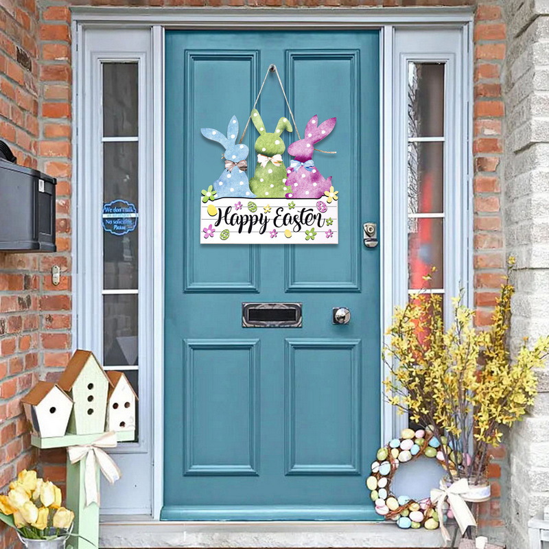 Coffee color 2-Pack Easter Bunny Wooden Sign – Colorful Wooden Hanging Decor view 3