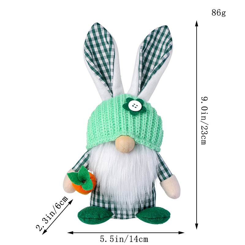 Green Easter Plush Bunny Gnome Figurine – Decorative Doll with Long Hair and