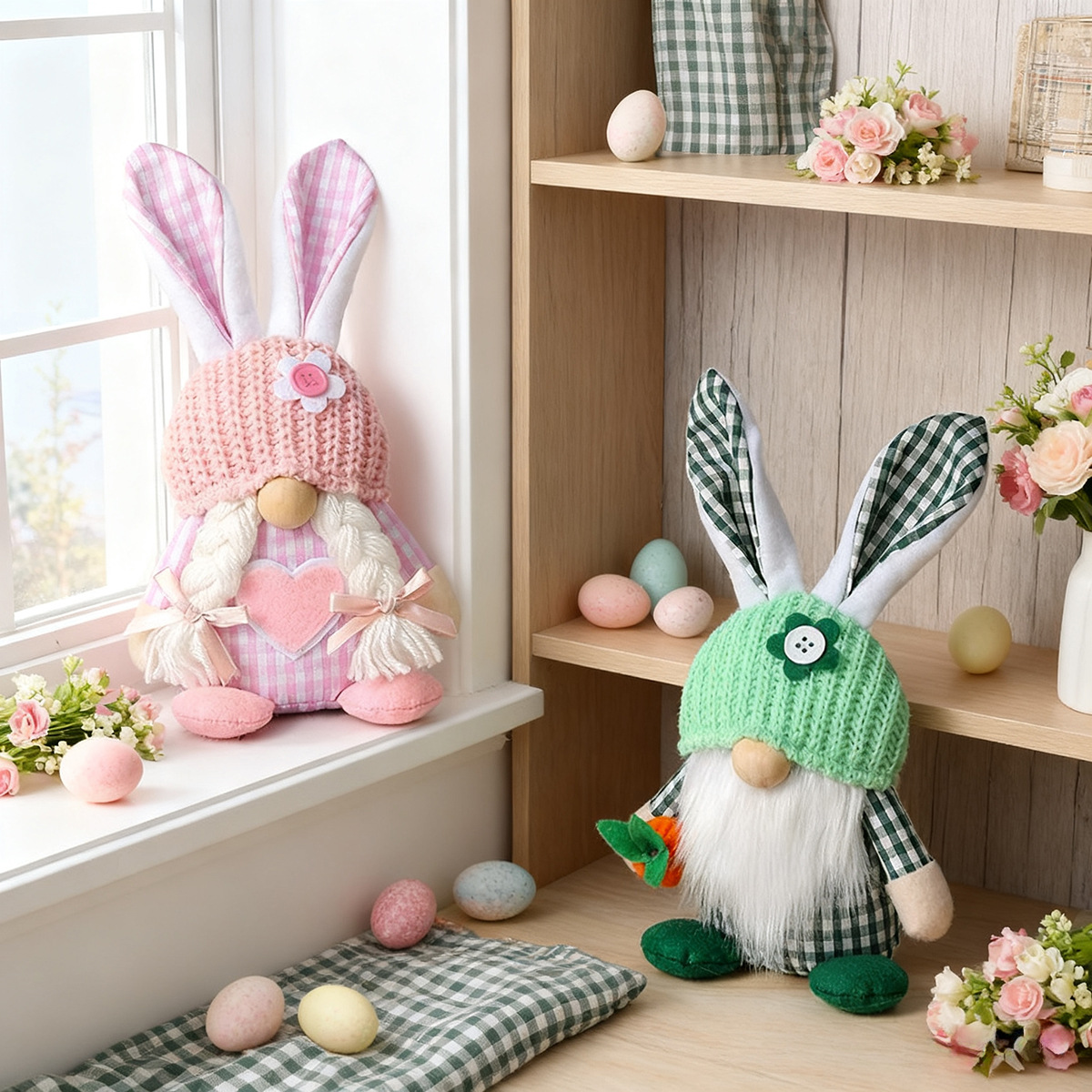 Green Easter Plush Bunny Gnome Figurine – Decorative Doll with Long Hair and view 2