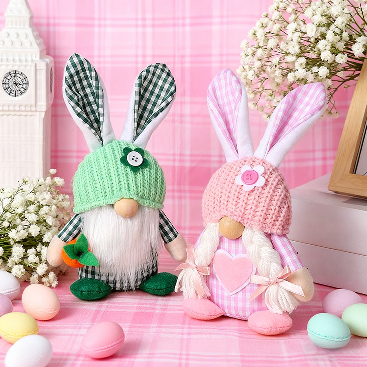 Green Easter Plush Bunny Gnome Figurine – Decorative Doll with Long Hair and view 3