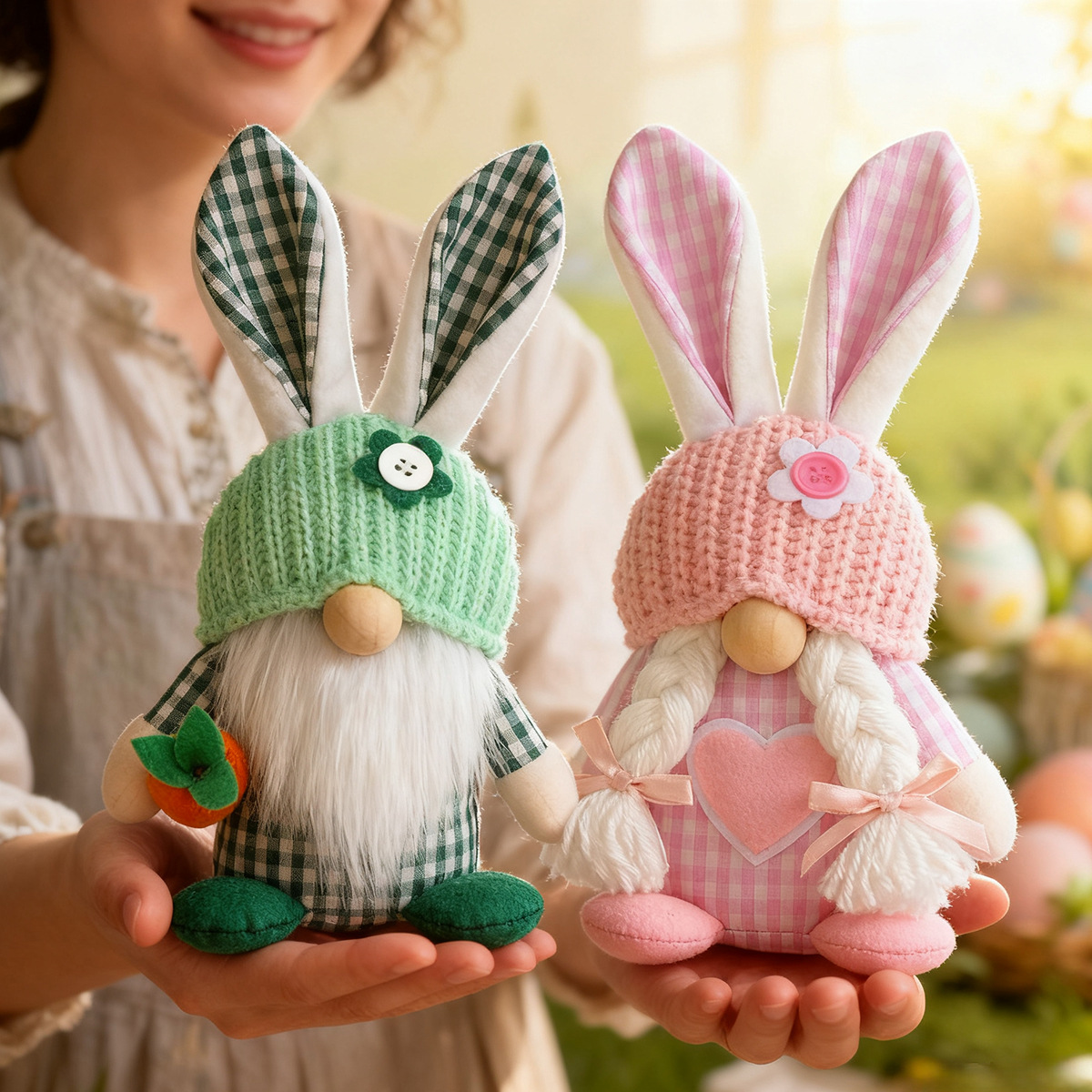 Green Easter Plush Bunny Gnome Figurine – Decorative Doll with Long Hair and view 4