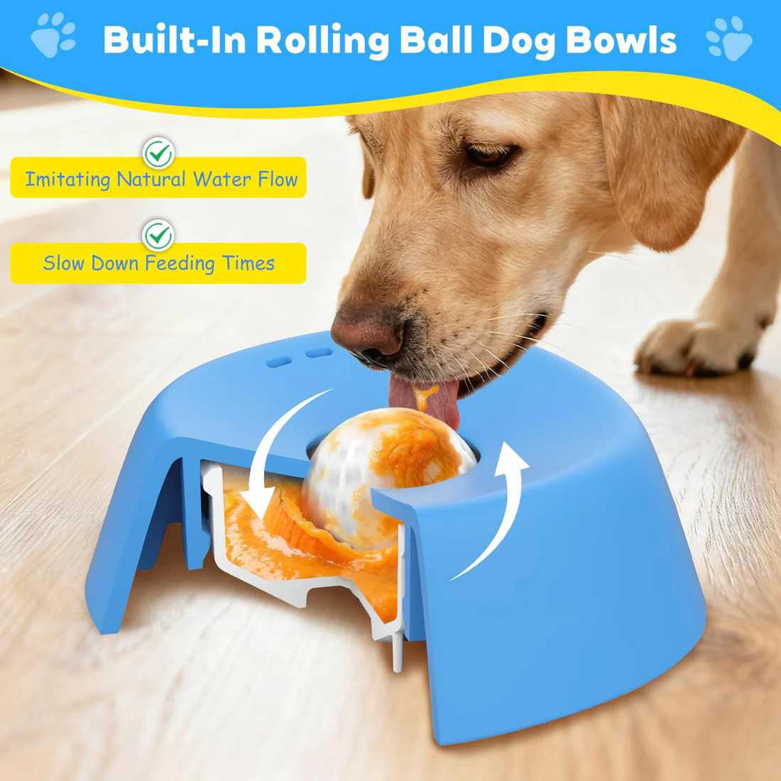 Yellow bowl with orange ball Slow Feeding Dog Bowl with Built-In Rolling Ball view 5