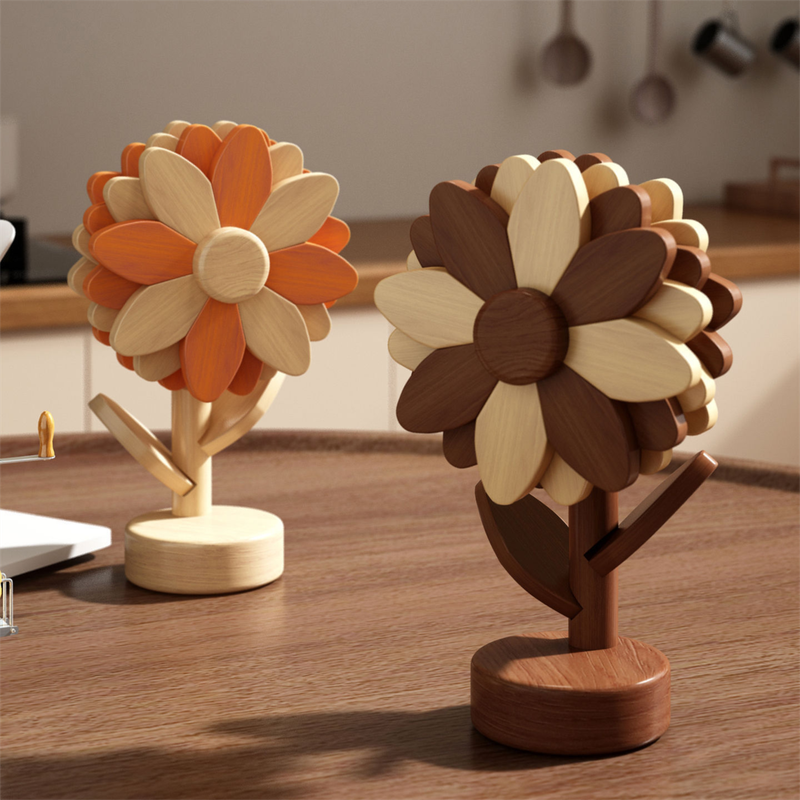 5-Piece Floral-Shaped Trivet Set with Stand – Wooden Heat Resistant Pad for Table view 3