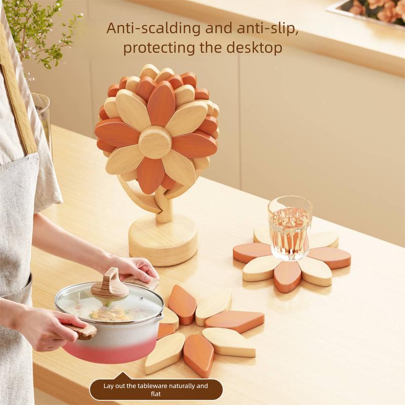 5-Piece Floral-Shaped Trivet Set with Stand – Wooden Heat Resistant Pad for Table view 5