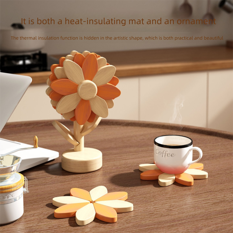 5-Piece Floral-Shaped Trivet Set with Stand – Wooden Heat Resistant Pad for Table view 4
