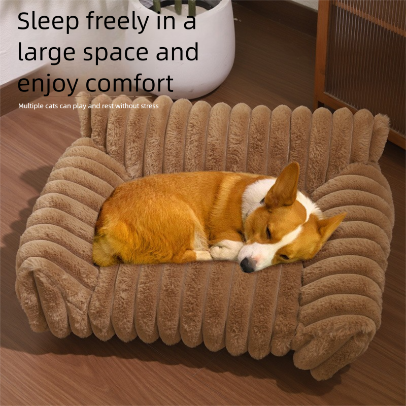 White Plush Ribbed Pet Sofa Bed for Dogs and Cats - Thickened Milk Velvet Cushion view 3