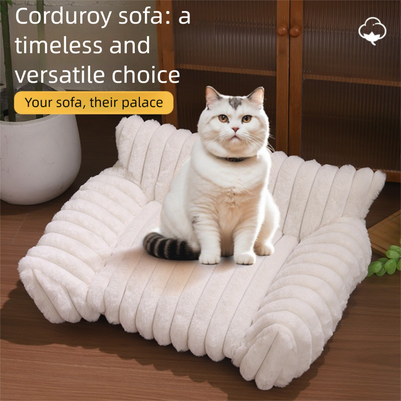 White Plush Ribbed Pet Sofa Bed for Dogs and Cats - Thickened Milk Velvet Cushion view 5