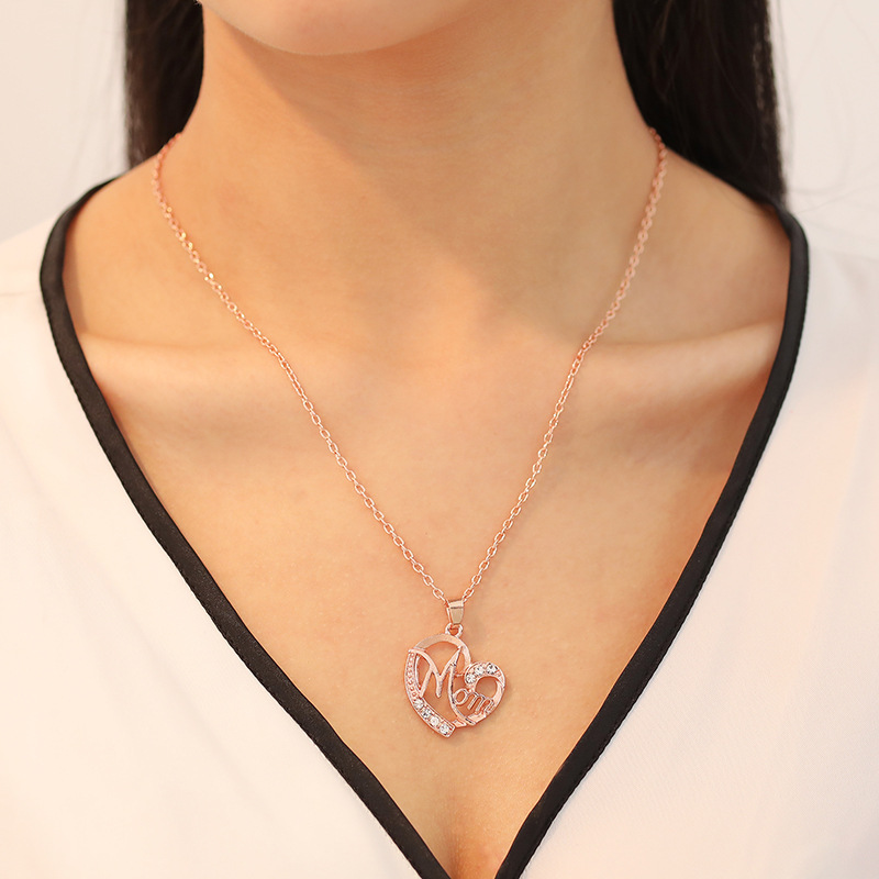 Silver MOM Heart Pendant Necklace with Rhinestones - Adjustable 47+5cm Chain view 4