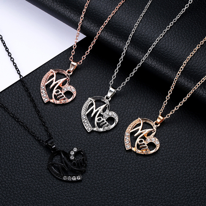 Rose gold MOM Heart Pendant Necklace with Rhinestones - Adjustable 47+5cm Chain view 3