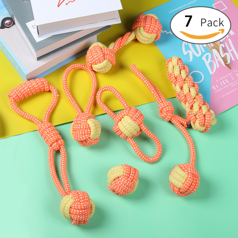 7-Piece Orange-yellow Durable Cotton Rope Dog Toy Set - Washable Knotted Ball