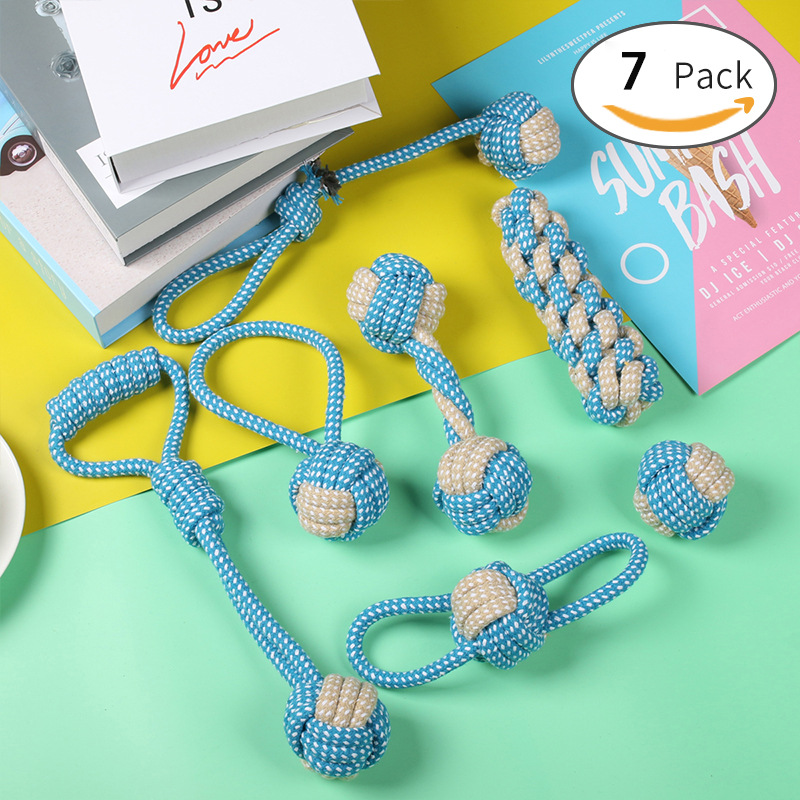7-Piece Blue-gray Durable Cotton Rope Dog Toy Set - Washable Knotted Ball &
