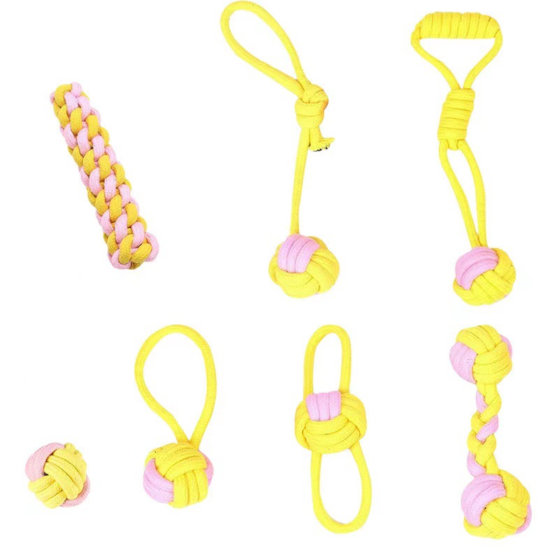 7-Piece Yellow and pink Durable Cotton Rope Dog Toy Set - Washable Knotted