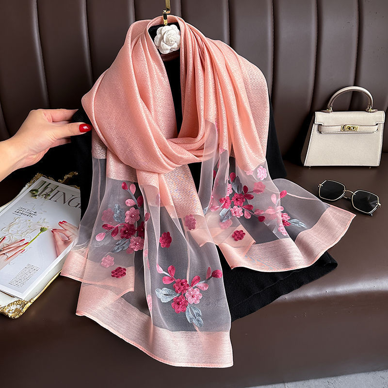 Pink Elegant Embroidered Begonia Flower Long Scarf for Women - Beaded Faux — image 1