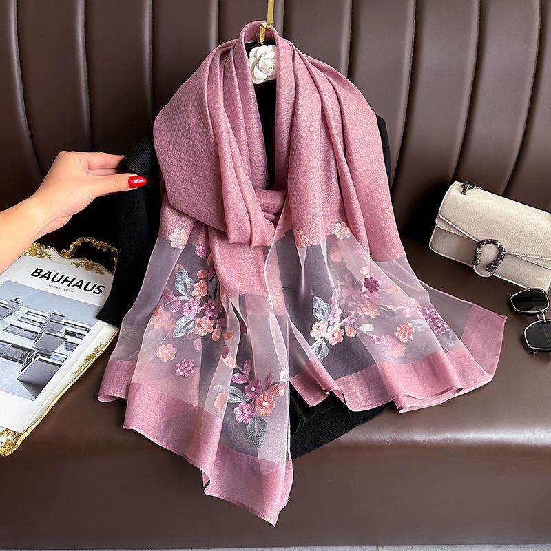 Dark Pink Elegant Embroidered Begonia Flower Long Scarf for Women - Beaded — image 1