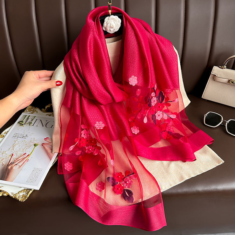 Wine red Elegant Embroidered Begonia Flower Long Scarf for Women - Beaded Faux — image 1