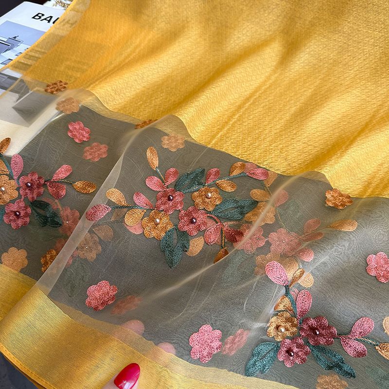 Peach blossom pink Elegant Embroidered Begonia Flower Long Scarf for Women view 2