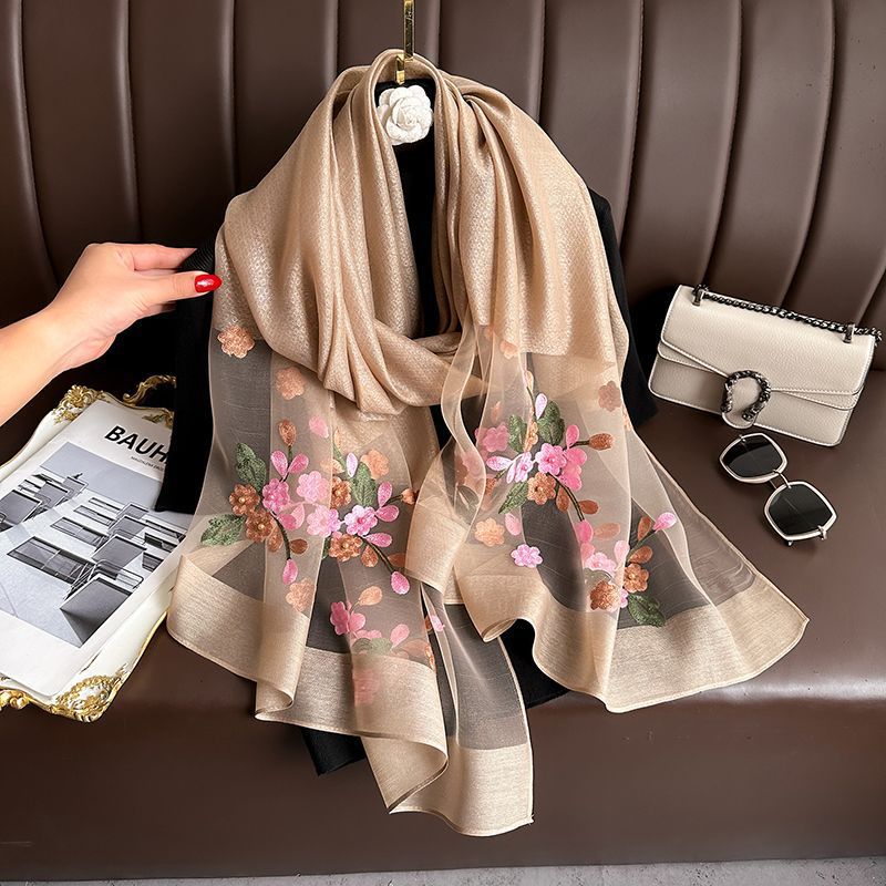 Camel color Elegant Embroidered Begonia Flower Long Scarf for Women - Beaded — image 1