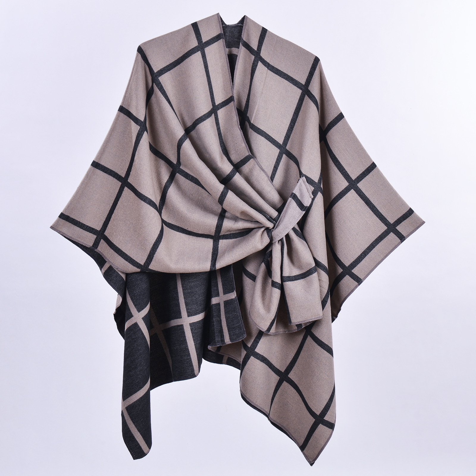 Brown Elegant Check Knit Travel Shawl with Stylish Side-Slit Design - Fall & view 2