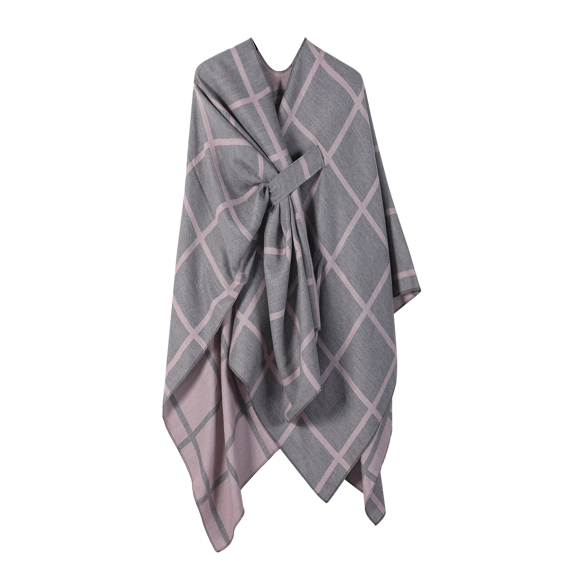 Grey and Pink Elegant Check Knit Travel Shawl with Stylish Side-Slit Design — image 1